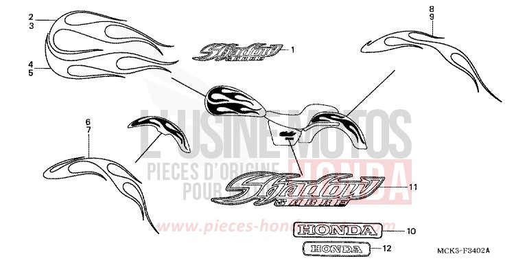 RAYURE/MARQUE (VT1100C22/3/4/5) de Shadow PEARL SUNBURST ORANGE (YR232) de 2002