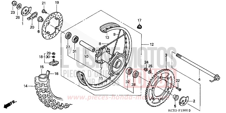 ROUE ARRIERE de XR250R ROSS WHITE (NH196) 1996