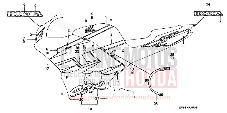 RAYURE (CBR600FR) de CBR600F ROSS WHITE (NH196K) de 1994