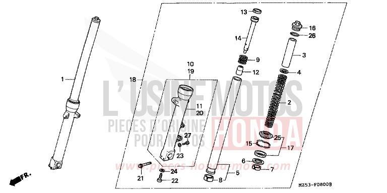 FOURCHETTE AVANT de VF750C DAWN ORANGE (YR180) de 1996