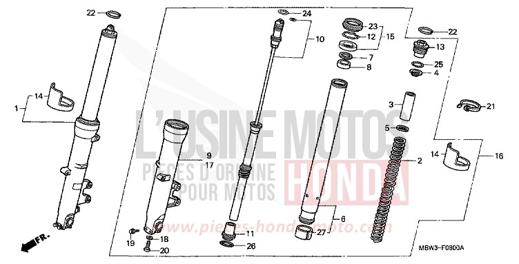 FOURCHETTE AVANT de CBR600F ITALIAN RED (R157) de 2004