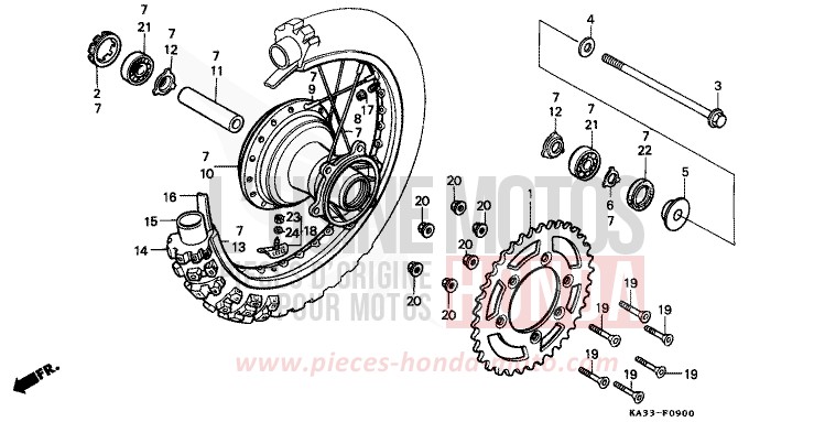 ROUE ARRIERE (1) de CR125R FLASH RED (R119) 1984