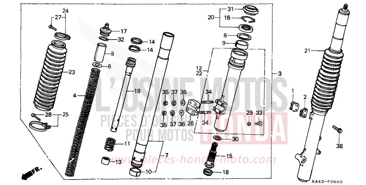 FOURCHETTE AVANT (1) de CR250R FLASH RED (R119) 1985