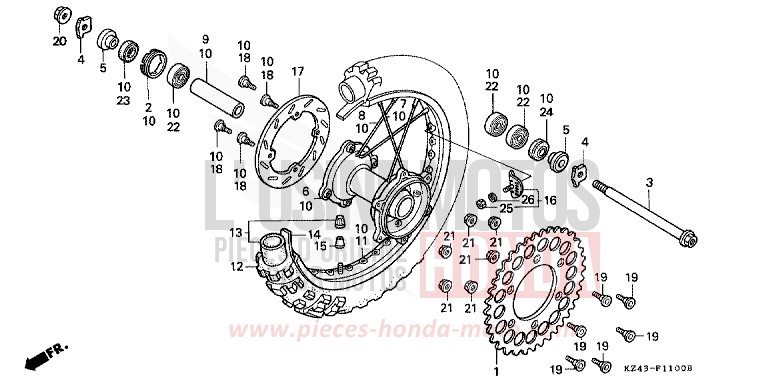 ROUE ARRIERE (1) de CR125R NEUCLEAR RED (R177) 1991