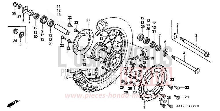 ROUE ARRIERE (2) de CR125R NEUCLEAR RED (R177) 1992