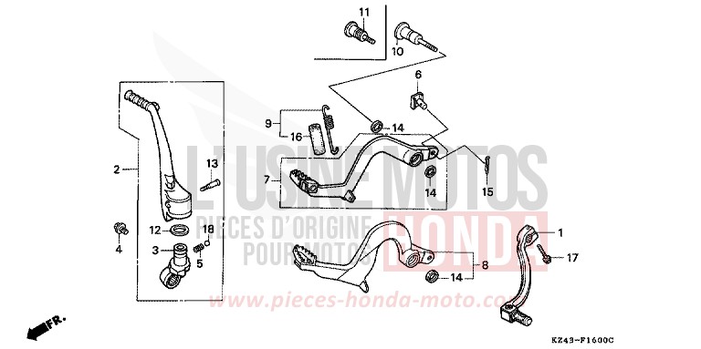 PEDALE/BIE. DE DEMARREUR DE KICK de CR125R NEUCLEAR RED (R177) 1992