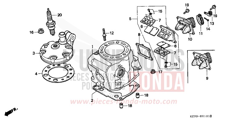 CYLINDRE/ CULASSE de CR250R NEUCLEAR RED (R177) 1995