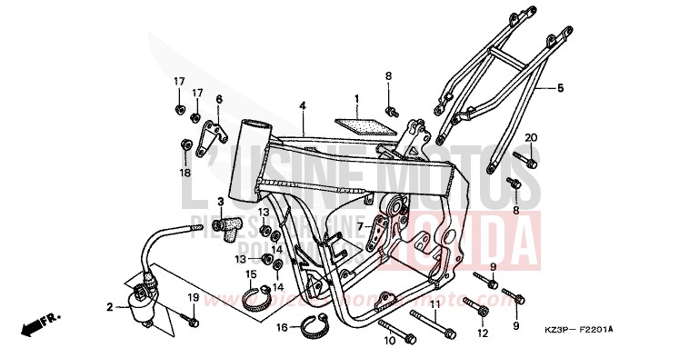 CARROSSERIE DE CHASSIS (2) de CR250R NEUCLEAR RED (R177) 1998