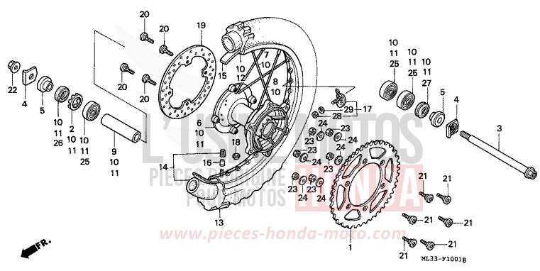 ROUE ARRIERE (CR500RN/RP/RR/RS/RT/RV) de CR500R NEUCLEAR RED (R177) 1992