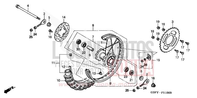 ROUE ARRIERE de CR80R EXPLOSION RED (R254) 2001