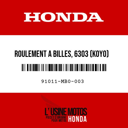 image de 91011-MB0-003 ROULEMENT A BILLES, 6303 (KOYO)